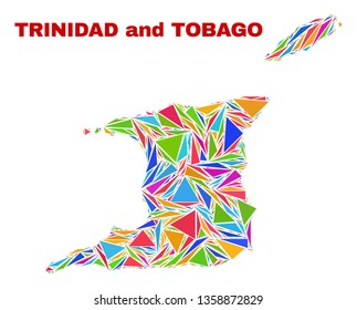 Mosaic Trinidad and Tobago map of triangles in bright colors isolated on a white background. Triangular collage in shape of Trinidad and Tobago map. Abstract design for patriotic purposes.