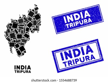 Mosaic Tripura State map and rectangular seal stamps. Flat vector Tripura State map mosaic of randomized rotated rectangular items. Blue caption stamps with corroded textures.