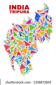 Mosaic Tripura State map of triangles in bright colors isolated on a white background. Triangular collage in shape of Tripura State map. Abstract design for patriotic decoration.