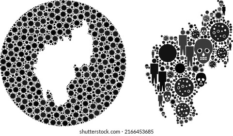 Mosaic Tripura State map united from SARS virus elements and people and mortal elements. Pandemic virus Tripura State map mosaic created with sphere and carved shape.