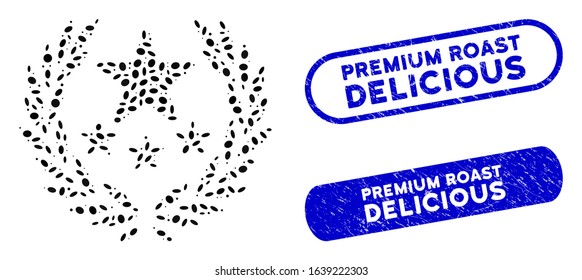 Mosaic triumph emblem and rubber stamp seals with Premium Roast Delicious caption. Mosaic vector triumph emblem is designed with random oval dots. Premium Roast Delicious stamp seals use blue color,