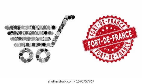 Mosaic trolley and grunge stamp watermark with Fort-De-France caption. Mosaic vector is designed with trolley icon and with random round spots. Fort-De-France stamp uses red color,