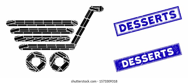 Mosaic trolley icon and rectangular Desserts seal stamps. Flat vector trolley mosaic icon of randomized rotated rectangle items. Blue Desserts rubber stamps with rubber textures.