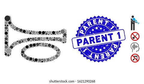 Mosaic trombone icon and corroded stamp watermark with Parent 1 text. Mosaic vector is composed with trombone pictogram and with random round items. Parent 1 stamp uses blue color, and rubber texture.