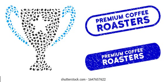 Mosaic trophy cup and grunge stamp watermarks with Premium Coffee Roasters text. Mosaic vector trophy cup is composed with scattered oval parts. Premium Coffee Roasters stamp seals use blue color,