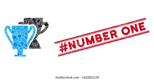 Mosaic trophy cups pictogram and red #Number One stamp between double parallel lines. Flat vector trophy cups mosaic pictogram of random rotated rectangle elements.
