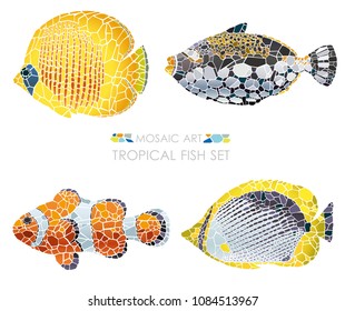 Mosaic tropical fish set, vector illustration.