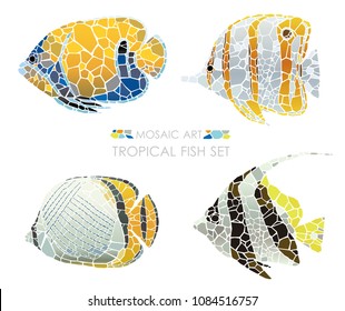 Mosaic tropical fish set, vector illustration.