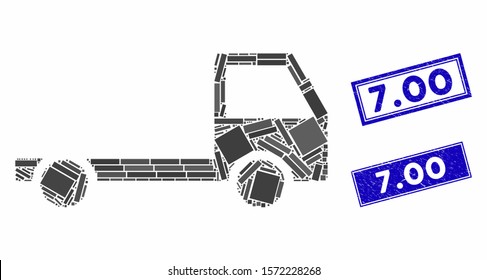 Mosaic truck chassis icon and rectangle 7.00 seal stamps. Flat vector truck chassis mosaic pictogram of random rotated rectangle items. Blue 7.00 seal stamps with rubber surface.