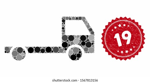 Mosaic truck chassis and rubber stamp seal with 19 caption. Mosaic vector is formed with truck chassis icon and with random circle spots. 19 seal uses red color, and rubber texture.