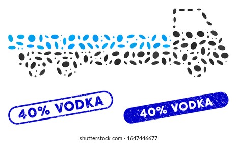 Mosaic truck and corroded stamp seals with 40% Vodka text. Mosaic vector truck is composed with random elliptic elements. 40% Vodka stamp seals use blue color, and have round rectangle shape.