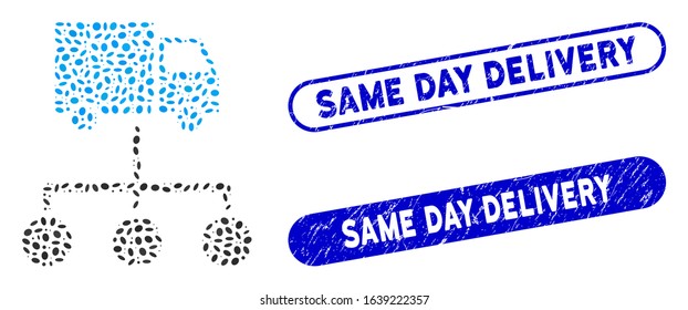 Mosaic truck distribution links and rubber stamp seals with Same Day Delivery phrase. Mosaic vector truck distribution links is created with random ellipse pieces.