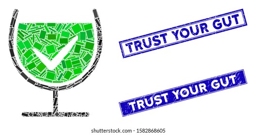 Mosaic true drink glass pictogram and rectangular Trust Your Gut seal stamps. Flat vector true drink glass mosaic pictogram of random rotated rectangular items.
