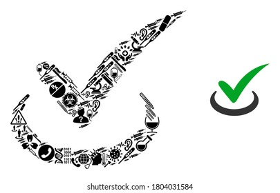 Mosaic true with healthcare items and basic icon. Mosaic vector true is formed from healthcare items. Abstract design elements for pandemic purposes. Illustration is based on true pictogram.