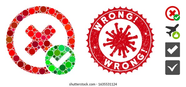 Mosaic true negative icon and red round distressed stamp seal with Wrong! phrase and coronavirus symbol. Mosaic vector is created with true negative icon and with random circle spots.