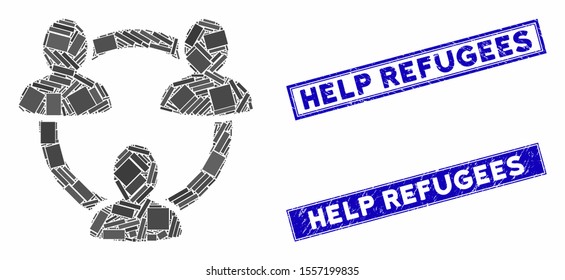 Mosaic trust circle icon and rectangle seals. Flat vector trust circle mosaic icon of randomized rotated rectangle elements. Blue caption stamp imprints with distress texture.