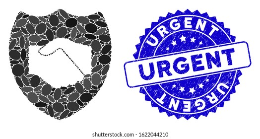 Mosaic trust icon and rubber stamp watermark with Urgent text. Mosaic vector is formed from trust icon and with randomized oval elements. Urgent stamp uses blue color, and distress design.