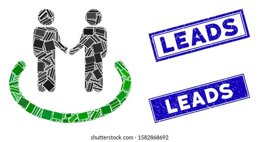 Mosaic trustful area pictogram and rectangular Leads seals. Flat vector trustful area mosaic pictogram of scattered rotated rectangle elements. Blue Leads seals with distress textures.