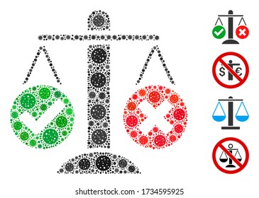 Mosaic truth decision organized from flu virus icons in various sizes and color hues. Vector pathogen elements are united into abstract mosaic truth decision icon. Some bonus icons are added.