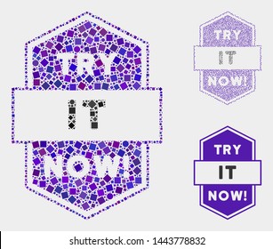 Mosaic Try it now stamp icon united from spheric and square items in various sizes, positions and proportions.