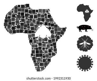Mosaic trypanosomiasis icon organized from square elements in random sizes and color hues. Vector square items are organized into abstract mosaic African trypanosomiasis icon.