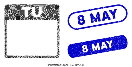 Mosaic Tuesday calendar page and corroded stamp seals with 8 May caption. Mosaic vector Tuesday calendar page is formed with random rectangle items. 8 May stamp seals use blue color,