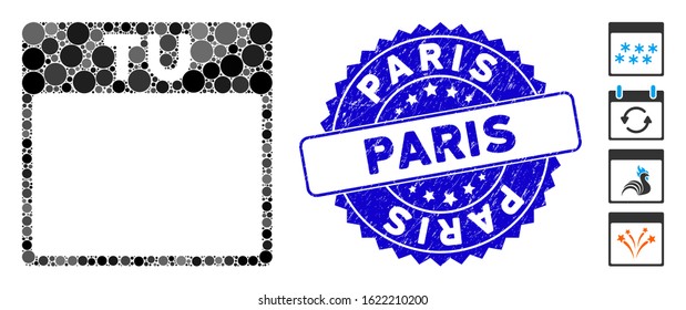 Mosaic Tuesday calendar page icon and rubber stamp seal with Paris caption. Mosaic vector is created with Tuesday calendar page icon and with randomized spheric elements.