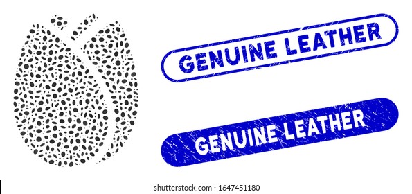 Mosaic tulip bud and rubber stamp seals with Genuine Leather text. Mosaic vector tulip bud is formed with randomized oval items. Genuine Leather stamp seals use blue color,