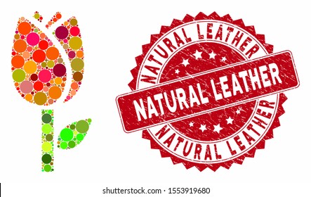 Mosaic tulip flower and rubber stamp seal with Natural Leather phrase. Mosaic vector is composed with tulip flower icon and with randomized circle items. Natural Leather stamp seal uses red color,