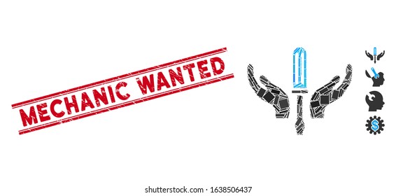 Mosaic tuning screwdriver maintenance icon and red Mechanic Wanted watermark between double parallel lines.