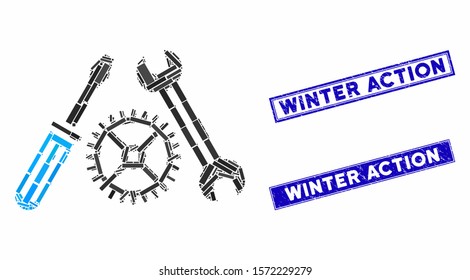 Mosaic tuning service pictogram and rectangular Winter Action rubber prints. Flat vector tuning service mosaic pictogram of randomized rotated rectangular items.
