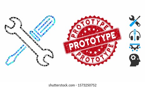 Mosaic tuning tools icon and distressed stamp seal with Prototype text. Mosaic vector is created with tuning tools icon and with randomized round items. Prototype stamp seal uses red color,