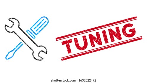 Mosaic tuning tools icon and red Tuning stamp between double parallel lines. Flat vector tuning tools mosaic icon of scattered rotated rectangular elements.