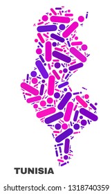 Mosaic Tunisia map isolated on a white background. Vector geographic abstraction in pink and violet colors. Mosaic of Tunisia map combined of scattered round points and lines.