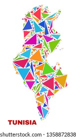 Mosaic Tunisia map of triangles in bright colors isolated on a white background. Triangular collage in shape of Tunisia map. Abstract design for patriotic decoration.