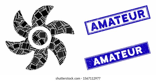 Mosaic turbine icon and rectangle stamps. Flat vector turbine mosaic icon of random rotated rectangle elements. Blue caption seal stamps with rubber textures.