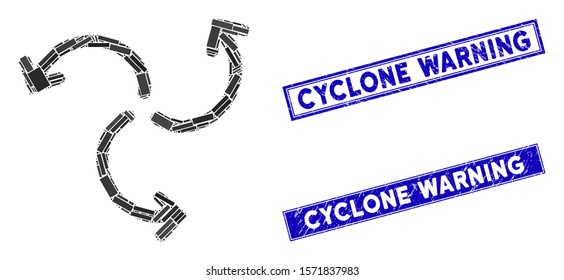 Mosaic turbine rotation icon and rectangle Cyclone Warning stamps. Flat vector turbine rotation mosaic icon of scattered rotated rectangle items.