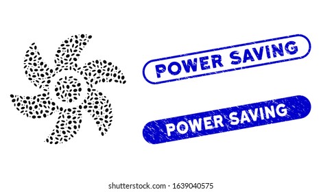 Mosaic turbine and rubber stamp seals with Power Saving caption. Mosaic vector turbine is created with scattered ellipse dots. Power Saving seals use blue color, and have round rectangle shape.