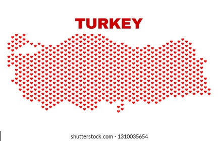 Mosaic Turkey map of valentine hearts in red color isolated on a white background. Regular red heart pattern in shape of Turkey map. Abstract design for Valentine illustrations.