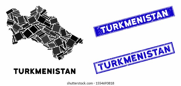 Mosaic Turkmenistan map and rectangle seal stamps. Flat vector Turkmenistan map mosaic of random rotated rectangle elements. Blue caption stamps with grunge texture.