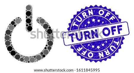 Mosaic turn off icon and corroded stamp seal with Turn Off text. Mosaic vector is created with turn off icon and with randomized circle elements. Turn Off seal uses blue color, and grunge design.