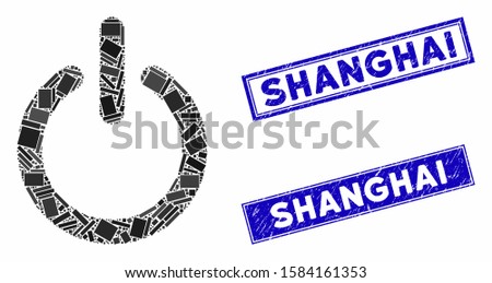 Mosaic turn off icon and rectangle Shanghai stamps. Flat vector turn off mosaic icon of scattered rotated rectangular items. Blue Shanghai seal stamps with scratched textures.