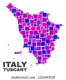 Mosaic Tuscany region map isolated on a white background. Vector geographic abstraction in pink and violet colors. Mosaic of Tuscany region map combined of random small squares.