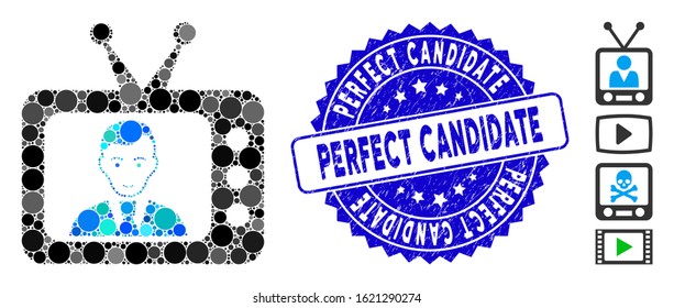 Mosaic TV dictor icon and grunge stamp watermark with Perfect Candidate caption. Mosaic vector is formed with TV dictor icon and with random circle elements.