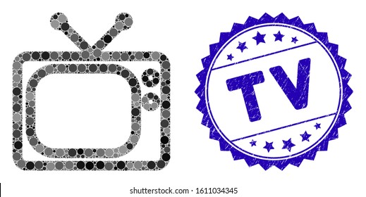 Mosaic tv icon and rubber stamp watermark with TV text. Mosaic vector is designed with tv icon and with scattered spheric elements. TV stamp uses blue color, and dirty texture.