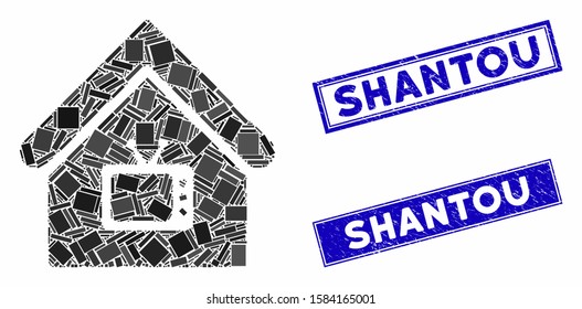 Mosaic TV office icon and rectangle Shantou seal stamps. Flat vector TV office mosaic pictogram of scattered rotated rectangle elements. Blue Shantou stamps with grunge textures.