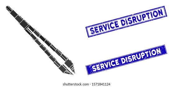 Mosaic tweezers pictogram and rectangle Service Disruption seals. Flat vector tweezers mosaic pictogram of randomized rotated rectangle elements.