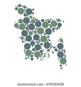 mosaic of two-colored circles of different diameters in the shape of a map of bangladesh isolated on white background