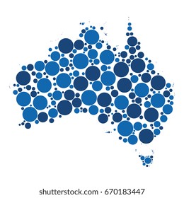 mosaic of two-colored circles of different diameters in the shape of a map of australia isolated on white background
