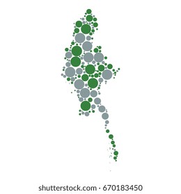mosaic of two-colored circles of different diameters in the shape of a map of burma isolated on white background